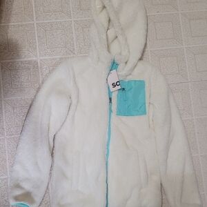 Kohl's Cream Fleece Jacket with Aqua Accents